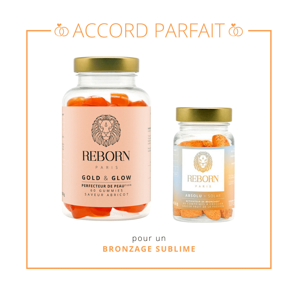 Association des gummies Gold & Glow pour une belle peau avec les compléments à croquer activateurs de bronzage pour un teint hâlé et un bronzage naturel, sublime et uniforme
