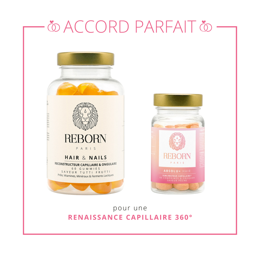 2 soins pour les cheveux à associer pour une renaissance capillaire : des gummies reconstructeurs capillaires et des comprimés antichute, sublimateurs de cheveux