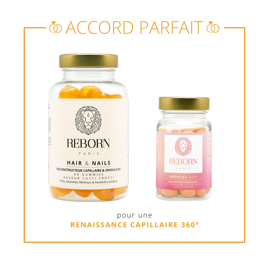 Association de 2 produits capillaires : les gummies Hair & Nails pour apporter santé, force et croissance aux cheveux et les comprimés à croquer Absolu+ Hair pour un effet anti-chute, brillance, volume et beauté. Une action synergique 360° pour une renaissance capillaire