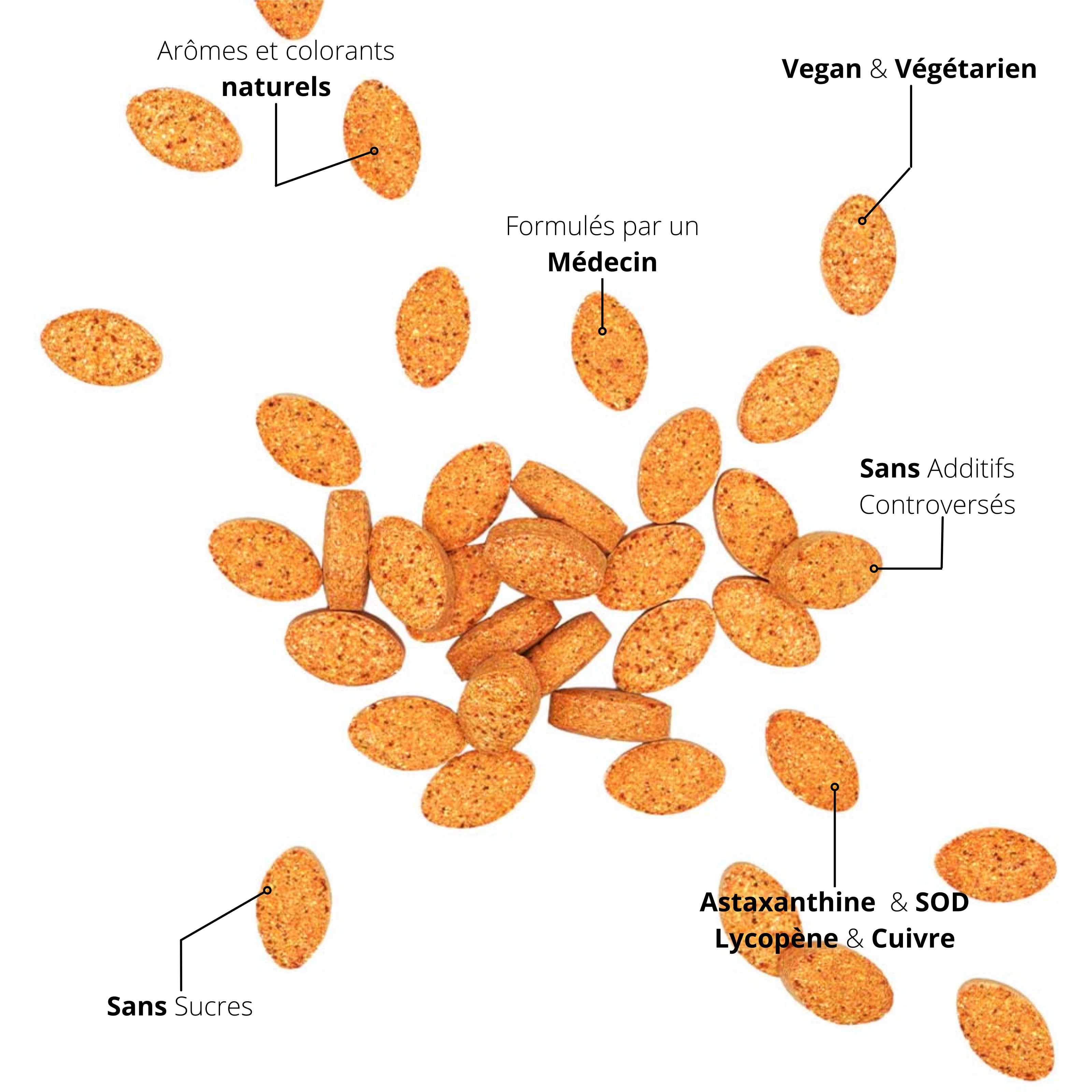 Arômes et colorants naturels, formulés par un médecin, vegan et végétarien, sans additifs controversés, astaxanthine & sod, lycopène & cuivre, sans sucres