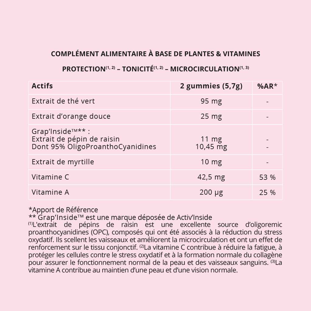 Complément alimentaire à base de plantes et vitamines. Thé vert, orange douce, pépin de raisin, myrtille, vitamine A, vitamine C. Ingrédients antioxydants, améliorateur de microcirculation, réducteur de fatigue et booster de collagène. 100% vegan