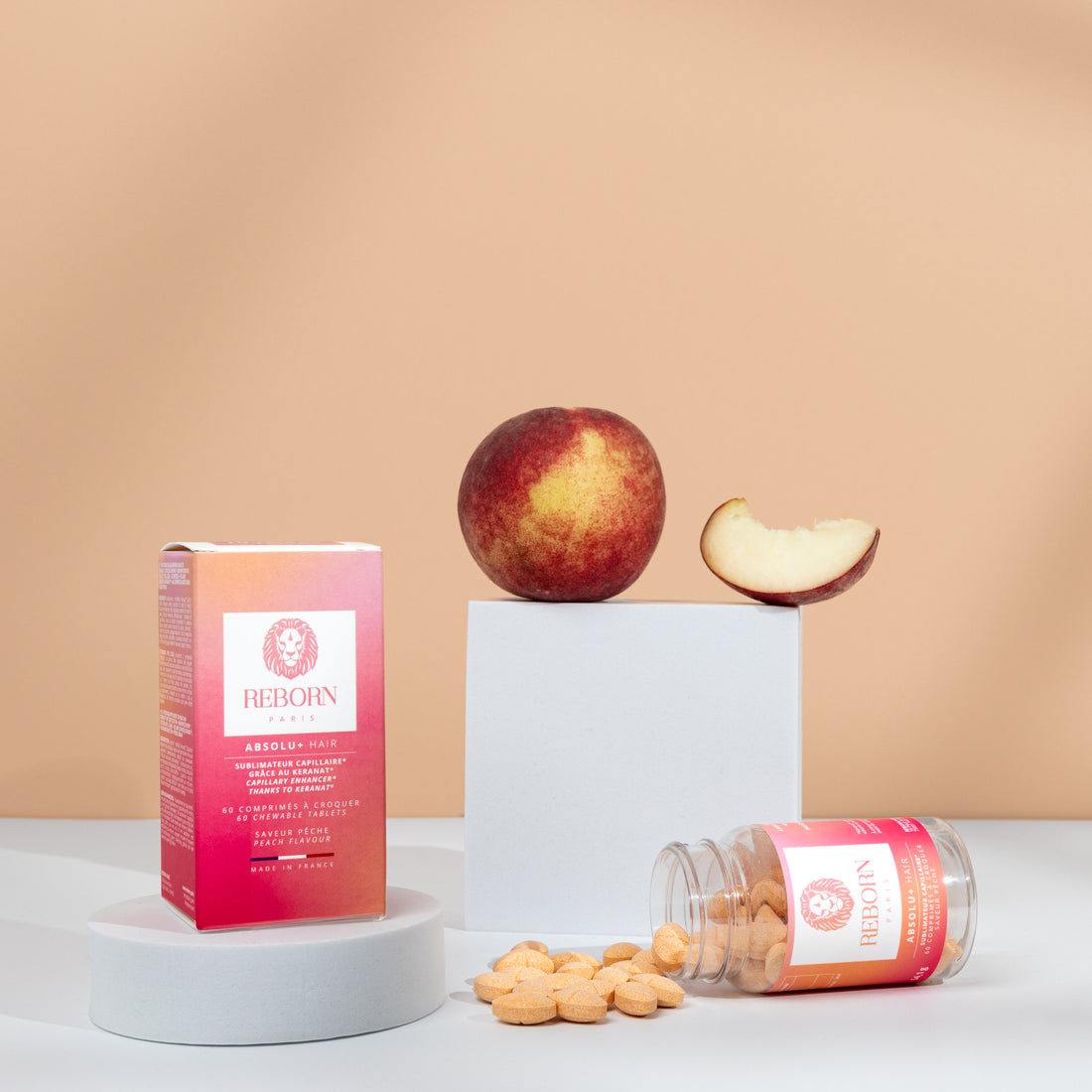 Pot de 60 compléments à croquer. Arôme naturel pêche. Format pratique et nomade. Prise en bouche facile, sans eau.