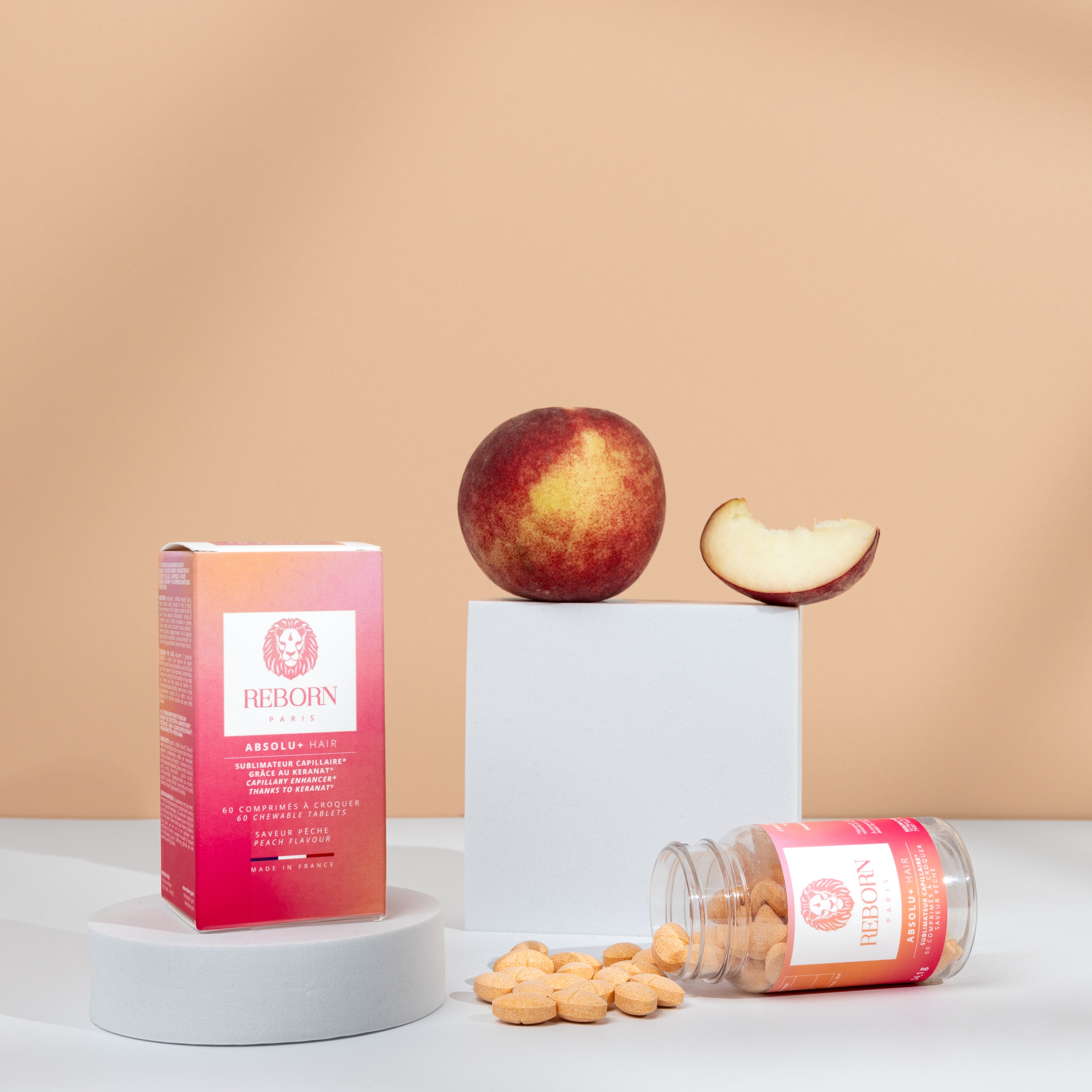 Pot de 60 compléments à croquer. Arôme naturel pêche. Format pratique et nomade. Prise en bouche facile, sans eau.