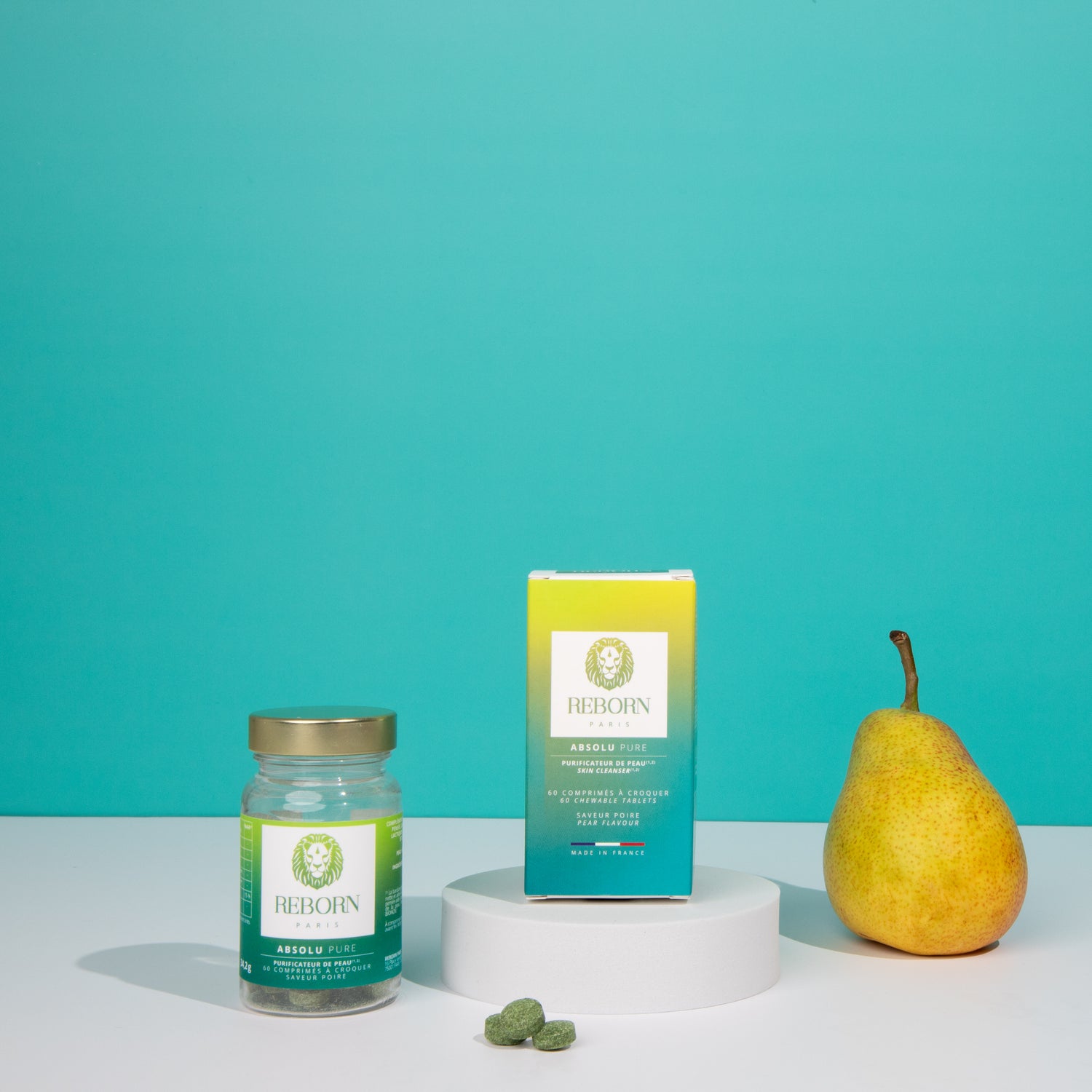 Pot en PET recyclables avec bouchon en aluminium contenant 60 comprimés à croquer saveur naturelle poire à la couleur verte naturelle pour une peau nette sans imperfections