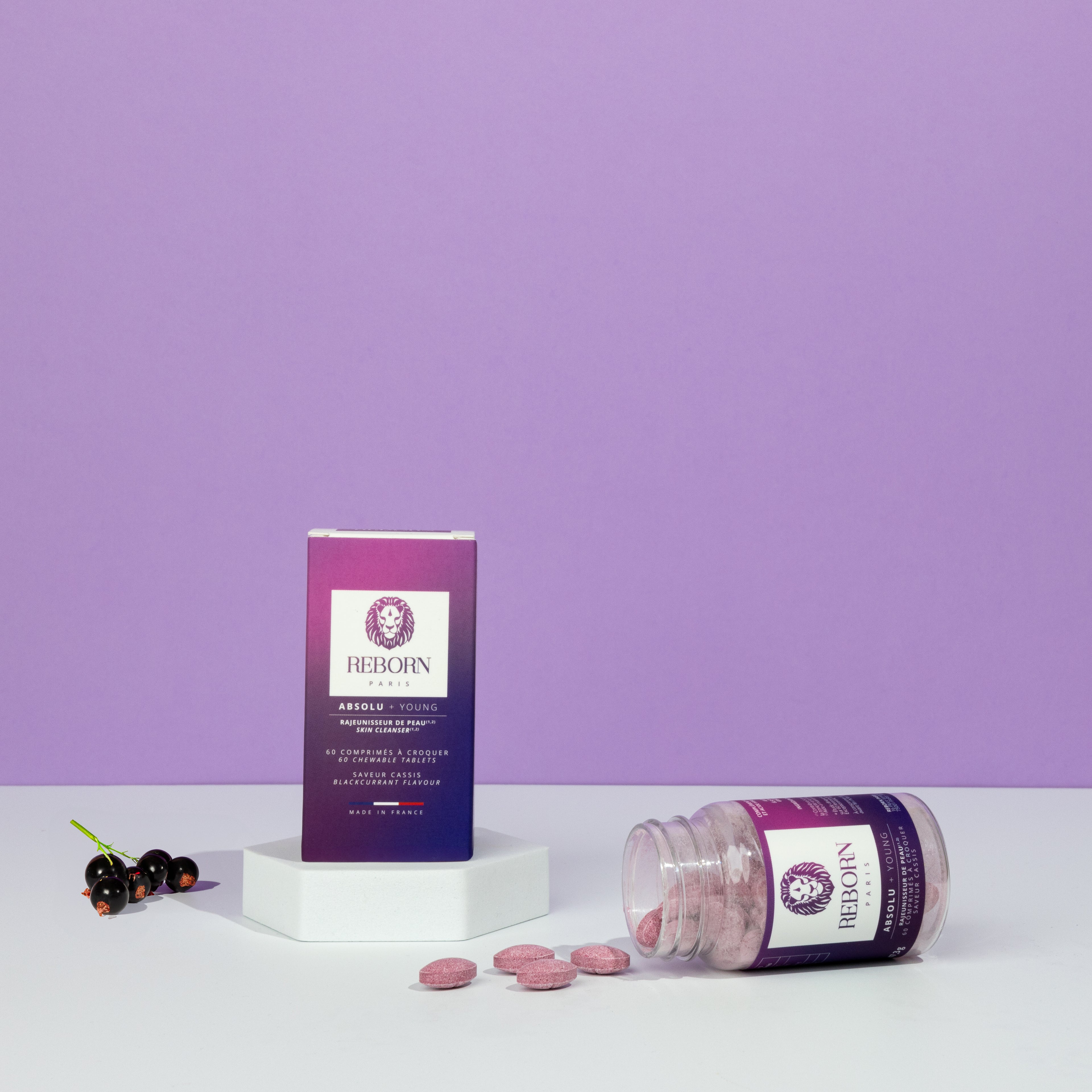 Pot en PET recyclable avec bouchon en aluminium doré recyclable contenant 60 comprimés à croquer rose à l&