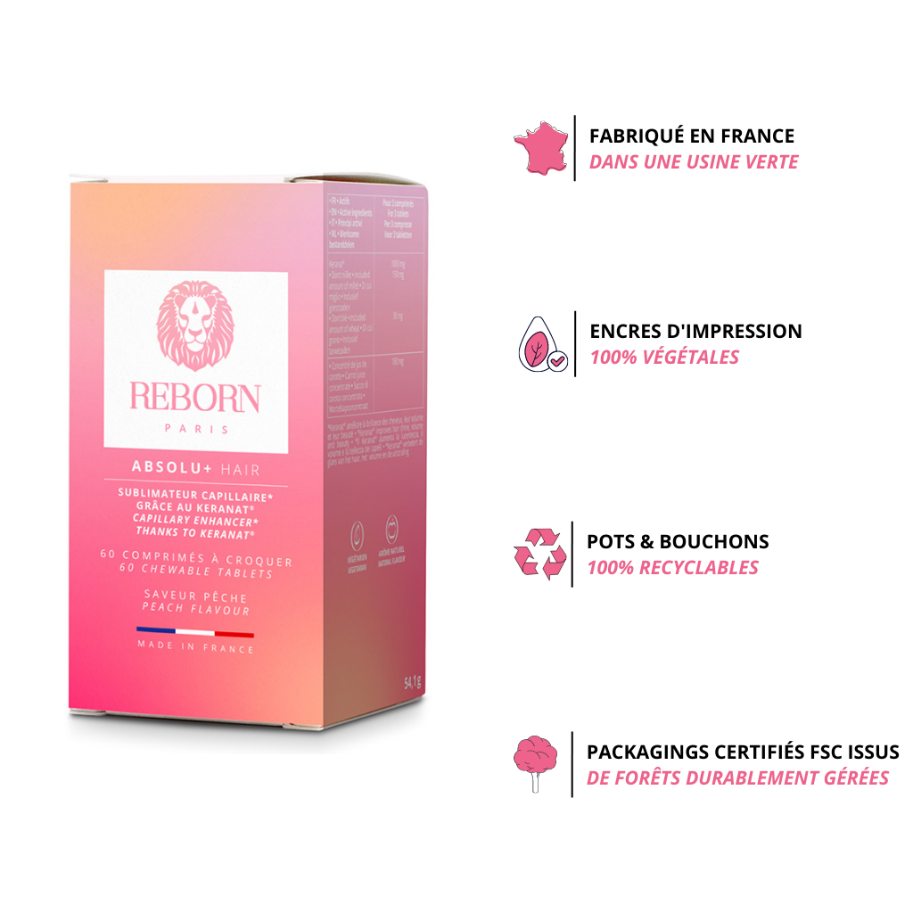 Fabriqué en France. Usine Verte. Emballages recyclables et certifiés FSC (issus de forêt durablement gérés). Encres d&