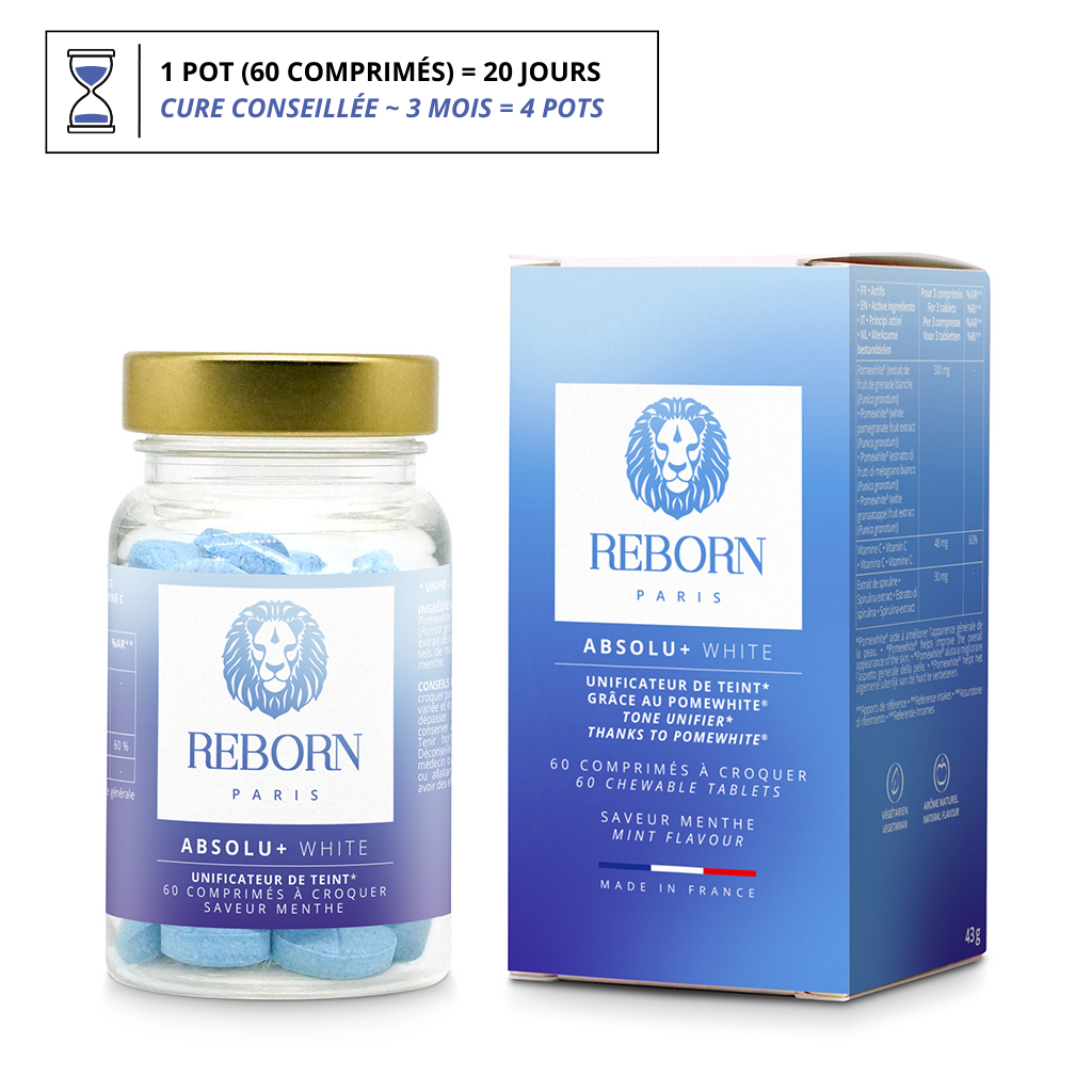 Cure de comprimés à croquer pour enlever les taches pigmentaires, les taches brunes et les taches de vieillesse et plus généralement pour lutter contre l&