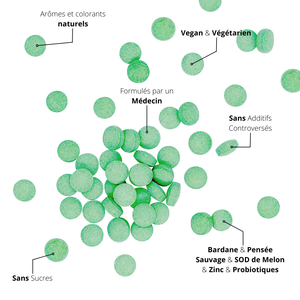 Des comprimés avec un colorant naturel vert à base de spiruline et de carthame. Compatibles avec les régimes végétariens et vegans. Formulé par un médecin. Sans additifs controversés, sans ogm, sans dioxide de titane, sans gluten, sans lactose. Utilisation de la phytothérapie avec de la bardane, de la pensée sauvage et du melon. Sans sucres. Gourmandise saine.