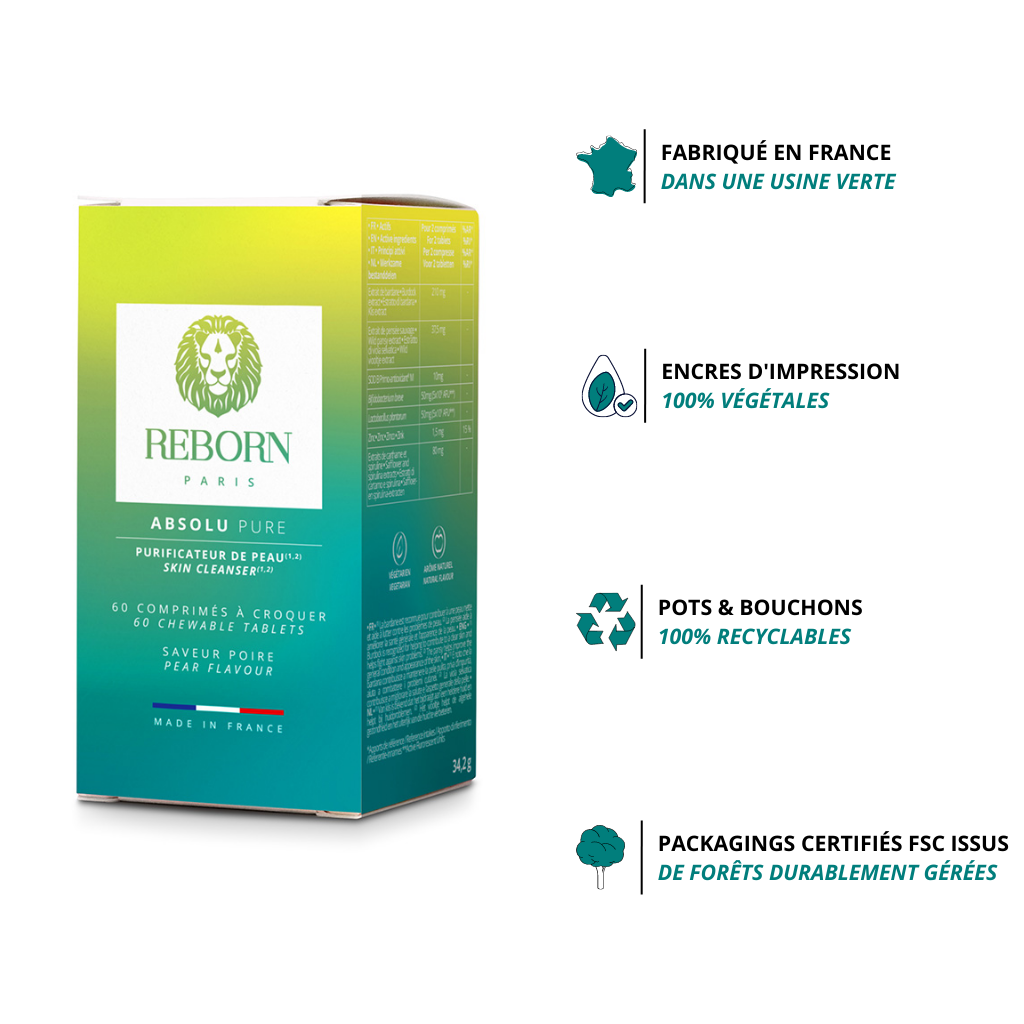 Etui vert imprimé avec des encres végétales certifié FSC issu de forêts durablement gérées renfermant un pot fermé d&