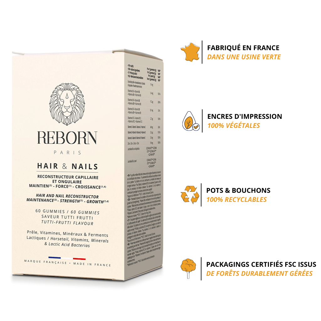 Fabriqué en France. Usine Verte. Emballages recyclables et certifiés FSC (issus de forêt durablement gérés). Encres d&