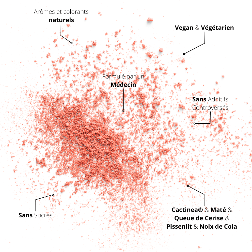Supplément amaigrissant naturellement coloré en rose-rouge grâce à un colorant naturel issu de framboise. Composition naturelle et clean. Compatible avec les régimes végétariens et vegans. Sans Additifs controversés. Sans sucres. Sans OGM. Sans Dioxyde de Titane. Sans gluten. Sans lactose.