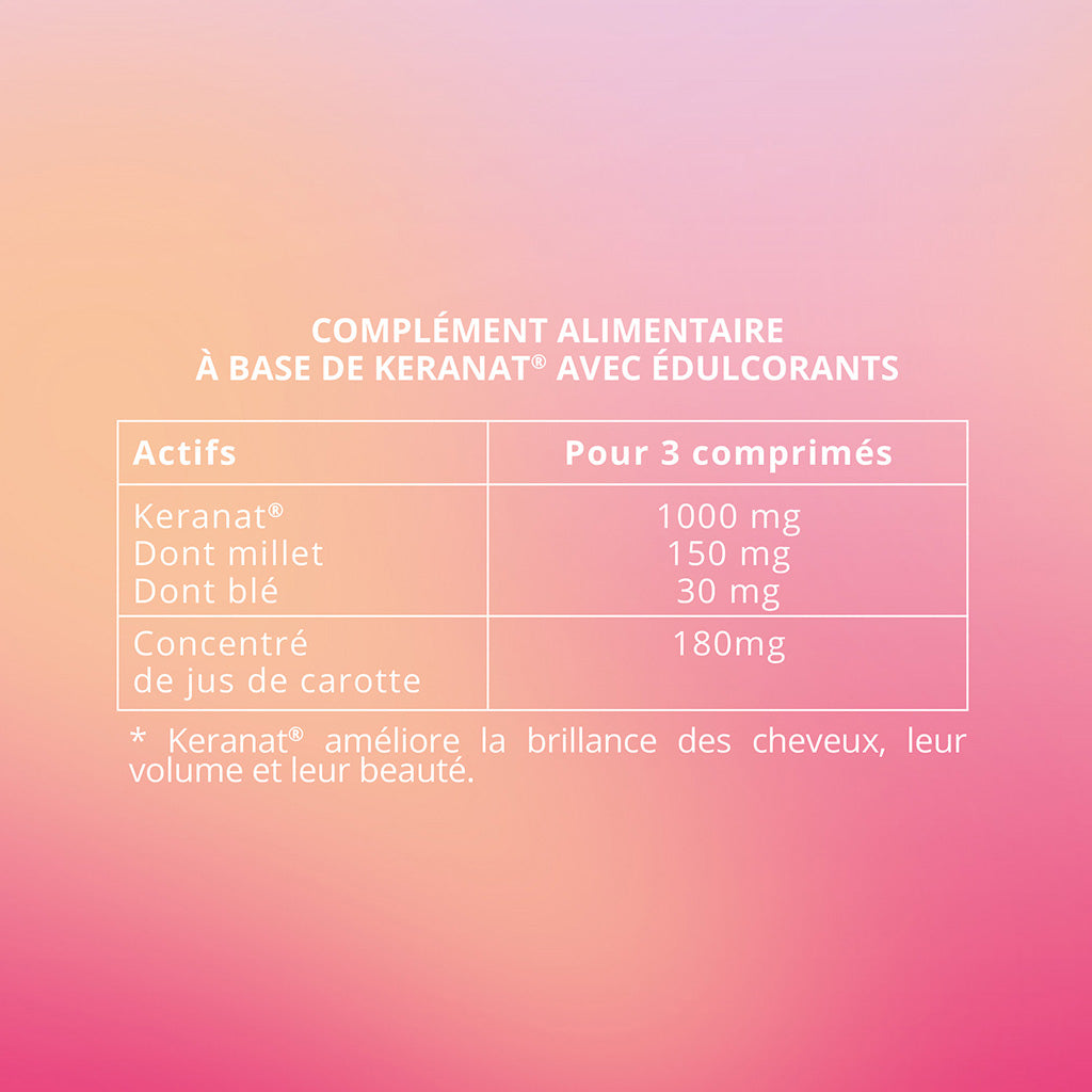 Complément alimentaire à base de keranat, kératine brevetée à base de millet, de blé et de romarin. Kératine végétale et naturelle cultivée en france. Hautement concentré. Actifs puissants. Formulé par un médecin esthétique spécialisé dans le cheveu. Expertise inégalée.