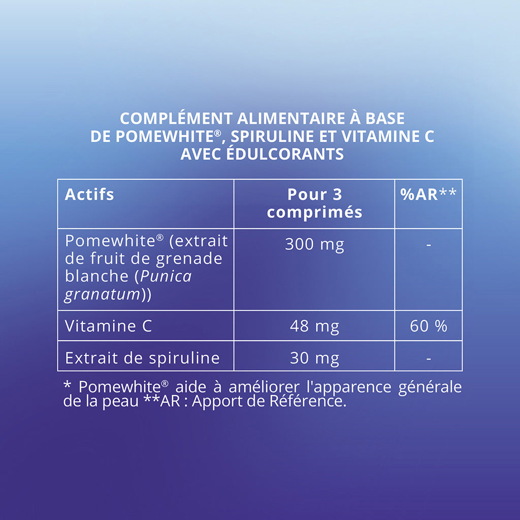 Etiquette de Absolu+ White, un complément alimentaire à base de pomewhite, de spiruline et de vitamine C avec édulcorants non controversés pour la beauté de la peau et un teint parfait et uniforme.